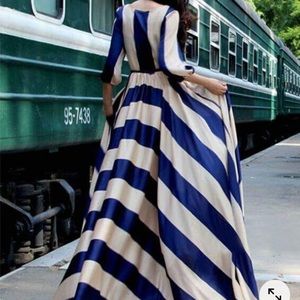 Blue & Tan Round Neck Striped Maxi Dress